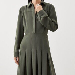 Karen Millen Tailored Crepe Pleated Midi Shirt Dress, Khaki, Size 6